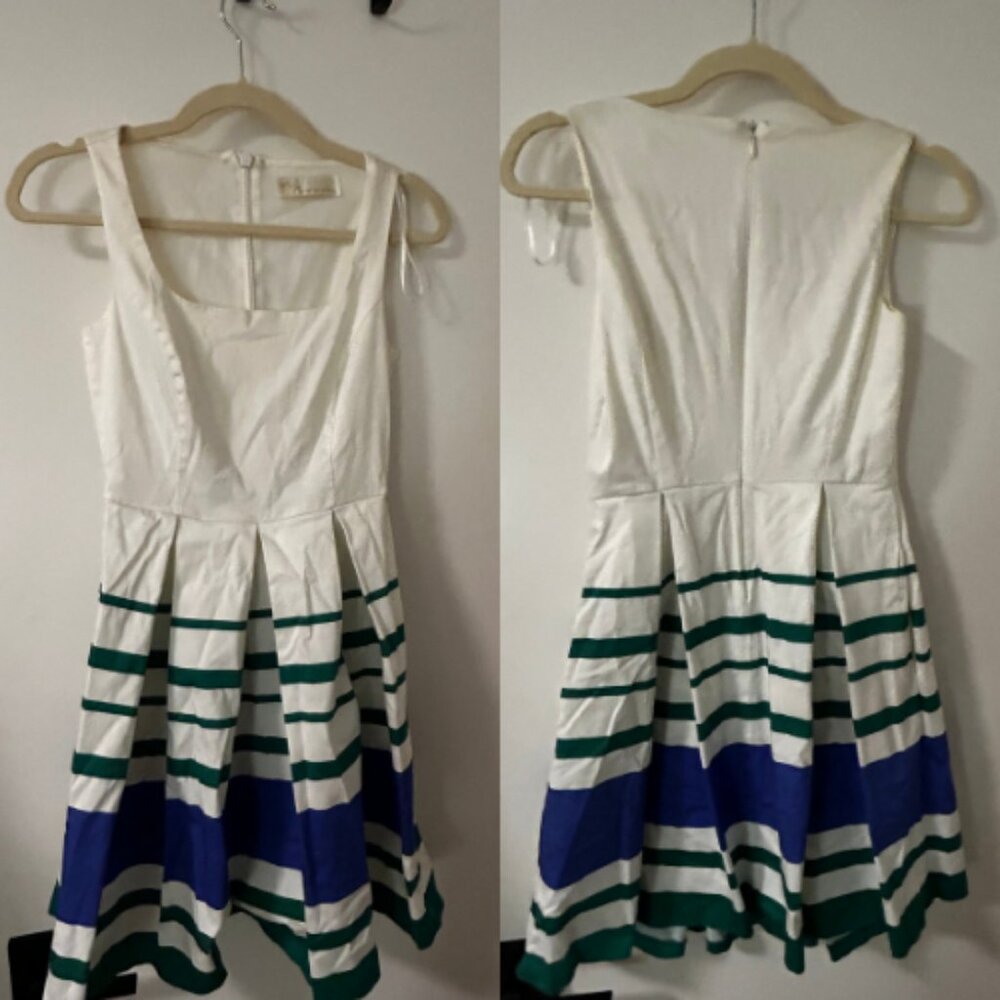 ADL By Cengiz Abazoglu White Blue Green Stripe Pattern Knee Length Dress Size XS